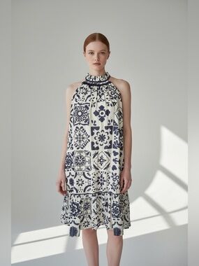 Carolina K Silk Sleeveless Printed Halter Mini  Dress Tile geo-pattern